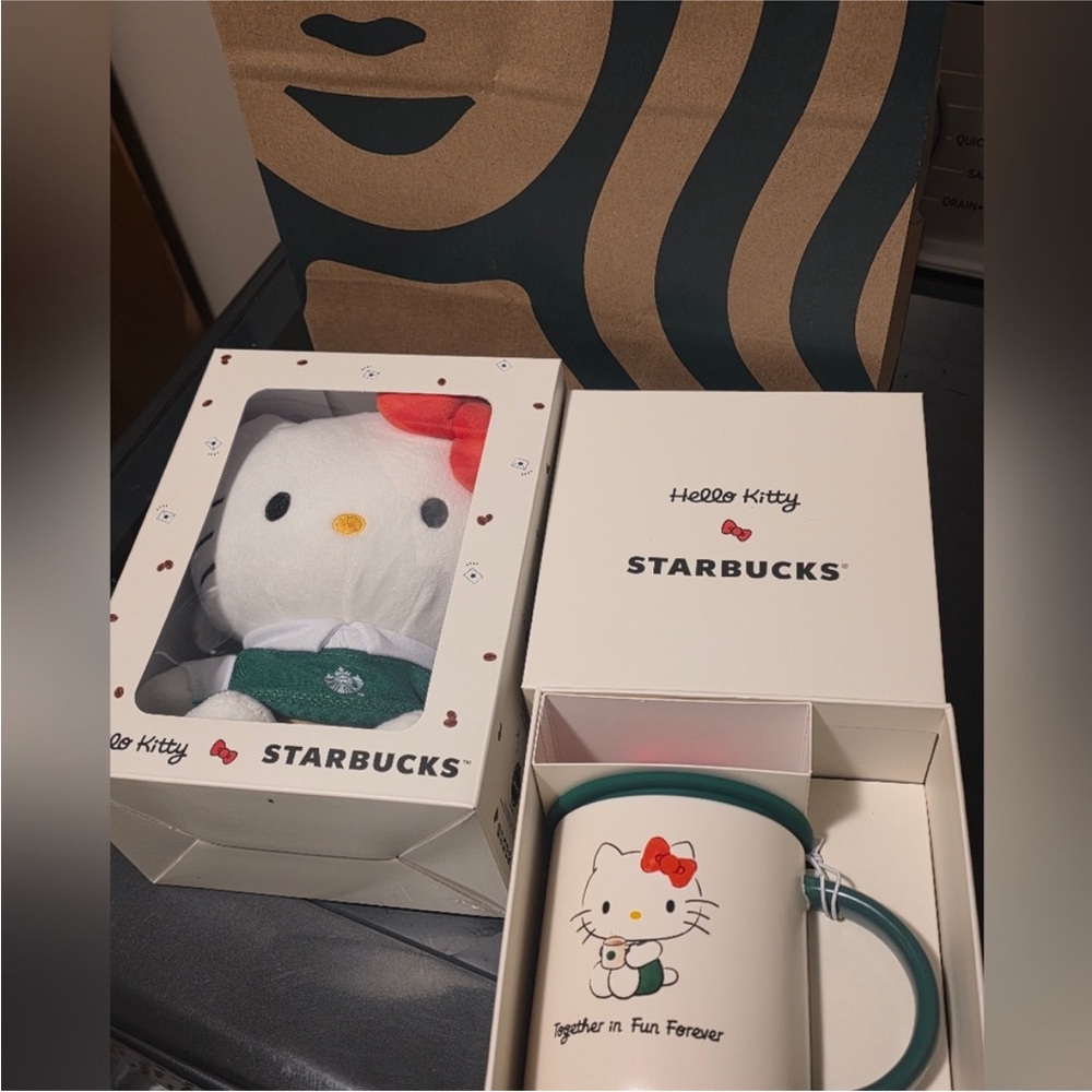 Starbucks Hello Kitty Mug and Plush Set with Red and Green Accents